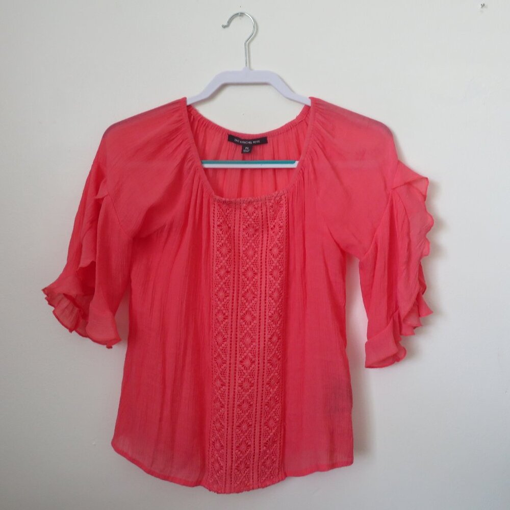 Zac & Rachel Pink Bohemian Peasant Crochet Sheer Blouse Flutter Sleeve